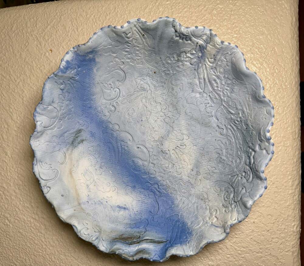 Blue White Ceramic Art Studio Pottery Bowl Embossed Scalloped Rim 8” Coastal